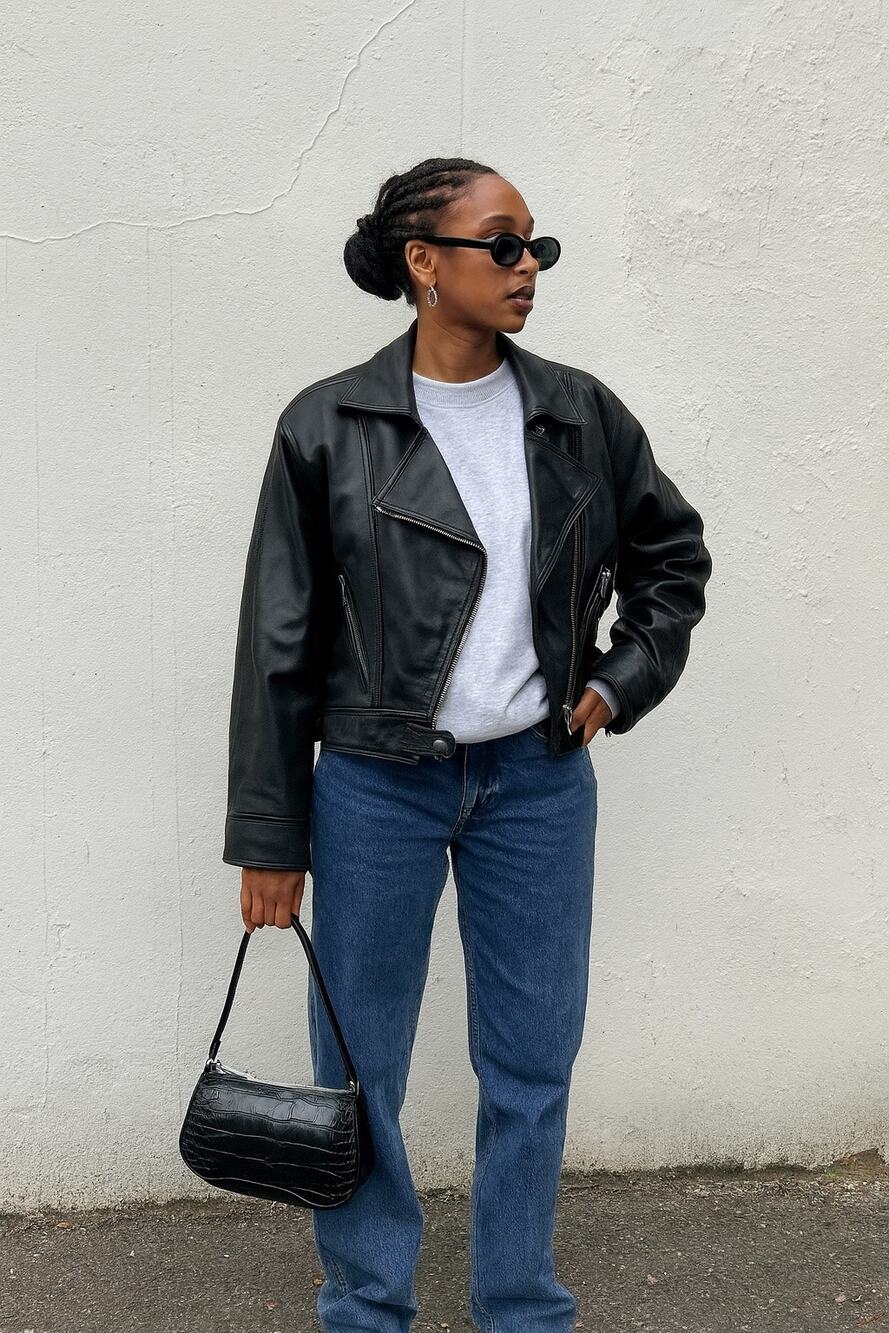 ZARA Womens M  Leather Biker Moto Jacket Black Grunge Oversized